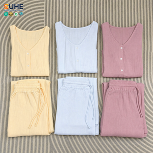 Conjunto de Pijama de Gasa Arrugada 100% Algodón para Mujer, Cuello en V, Manga Larga, con Botones, OEM ODM, Personalizado por SUHE - Product Image 4