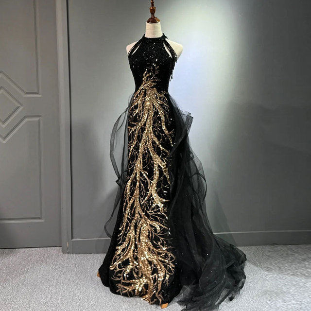 Women Evening Dresses Black Advanced Sense Slim Temperament Celebrity Host Neck Fishtail Skirt Wedding Toast Dress for Female