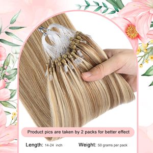 Extensions de cheveux naturels à pointe en kératine italienne, perles micro-anneaux nano, mélange blond décoloré et brun cendré, réutilisables, qualité salon - Product Image 2
