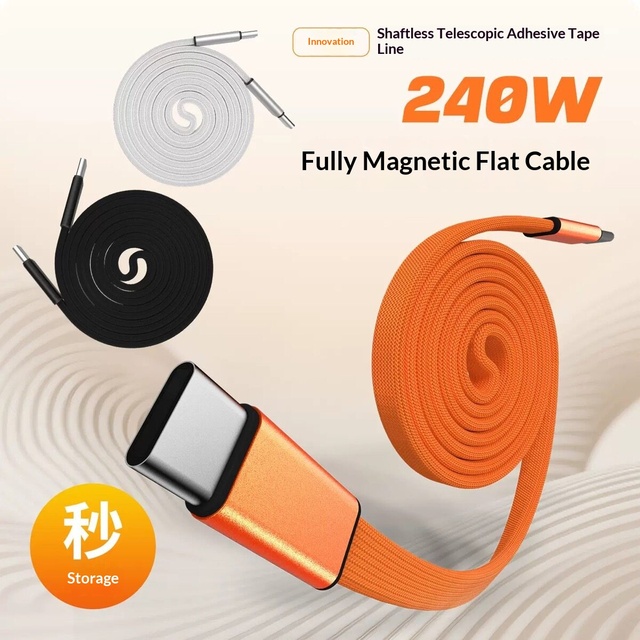 Magnetic 240W/100W Super Fast Charging Data Transfer Flat Cable Ultra-thin Compatible for Type-C Device Universal Car Charging