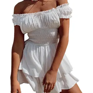 2024 Spring New Design Sexy Women One Shoulder Skirt Puff Sleeves Slimming Waist Girls Dresses