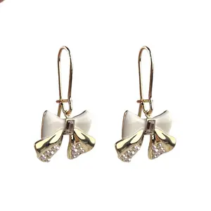 KITI Sweet Lovely Bow Drop Earrings Elegant Gold Plated Enamel Pearl Fine Jewelry Hoop Design For Women Gift