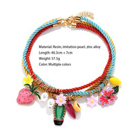 Zomerse Zoete Wind Vouw Aardbei Cactus Bloem Zinklegering Hangertje Ketting Meerlaags Touw Type Fruit Bloem Cadeau Dames