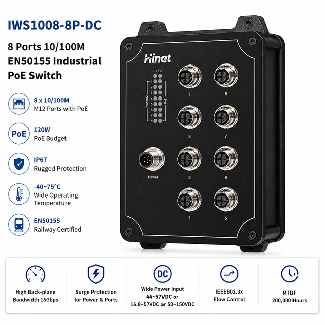 8 Port 10/100M M12 Industrial PoE Switch EN50155 IP67 Waterproof with SNMP & QoS 120W PoE Budget