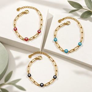 Enamel Eye <b>Charm</b> <b>Bracelet</b>-Stainless Steel & Enamel 14K Gold Plated 180+30mm Blueprint - Product Image 1