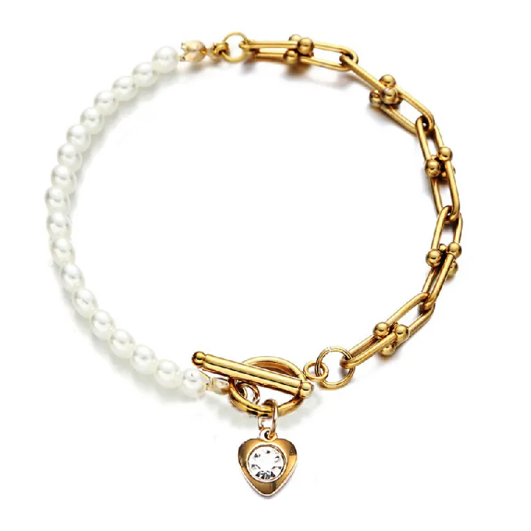 Women Jewelry crystal heart charms designer baroque pearl toggle bracelet