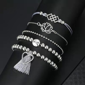 Ensemble de bracelets à breloques tendance en argent tibétain, perles, cœur, lotus, pompon, géométrie, cadeau pour femme 2024 - Product Image 1