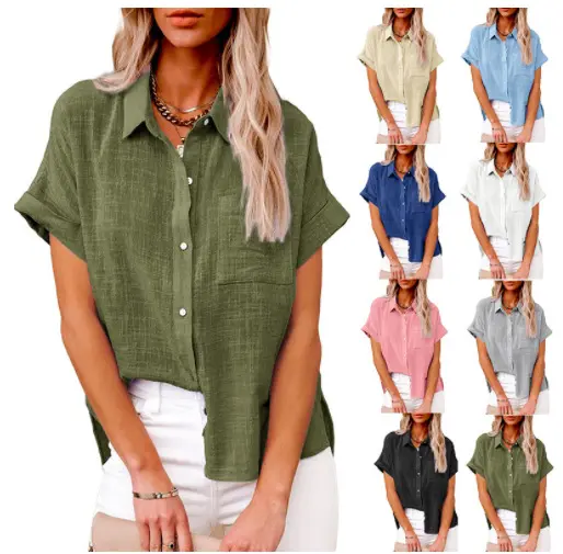 2023 Summer Pocket Short-Sleeved Shirt T-shirt Women's Cotton Linen Blouses Solid Tops Shirts S-5XL