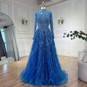 sachin and babi light blue dress A-line Satin Prom Dresses with Sleeves,High Neck Evening Dress,PD00381 main image 0