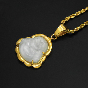 Collar con Colgante de Buda de Piedra Ojo de Gato, Acero Inoxidable 18GP, Amuleto Budista <span class=keywords><strong>Tibetano</strong></span>, Collar de Jade con Buda Maitreya - Product Image 6