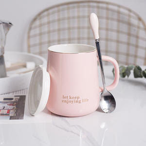 Ensemble de tasses en céramique avec couvercle et cuillère, design simple pour couple, couleur unie, pour le petit-déjeuner, idéal comme cadeau - Product Image 4