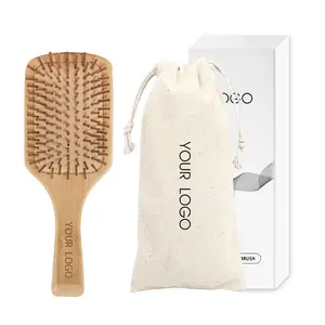 Bamboo Wood Paddle Detangling Custom Logo Hair Brush manufacturer with Air Cushion Brush Bamboo Bristle Paddle Brush for women