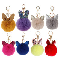 Porte-clés Pompon en fourrure avec oreilles de lapin mignonnes, boule de pompons moelleuse, porte-clés pour filles et femmes, porte-clés en peluche, breloque de sac en peluche avec oreilles de lapin