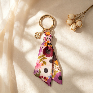 Floral Satin Scarf Keychain with Vintage <b>Key</b> Charm, Wristlet <b>Key</b> <b>Ring</b> for Women’s <b>Bags</b> & Book Lovers - Product Image 2