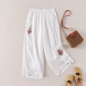 Women's <b>Elastic</b> Waist Loose Cotton Linen Wide Leg Pants With Embroidery Summer Casual Plus Size Pants In White Pink Light Beige - Product Image 3