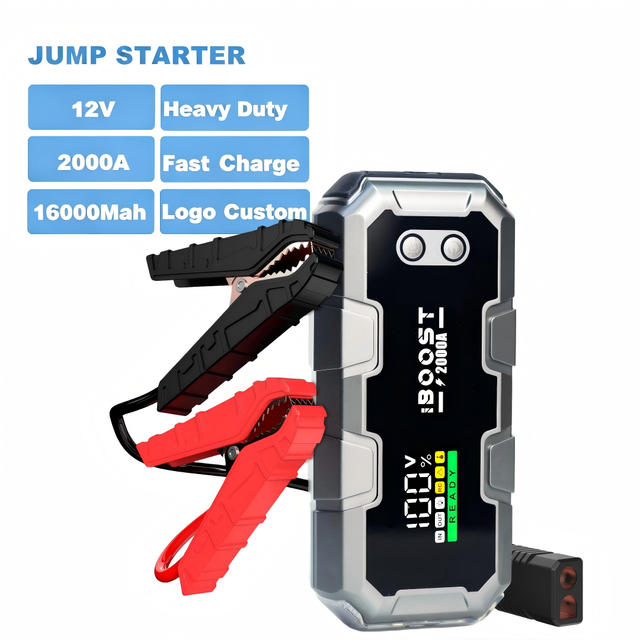 2000A 12V Car Jump Starter 16000mAh Lithium Battery Booster with LCD Screen QC3.0 Fast Charge for Car and Motorcycle