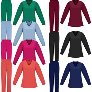 Women's Scrub Set Long Sleeve Two Piece Knitted Polyester Moisture Wicking Hospital Uniforms Split Set S XXL - Product Image 1