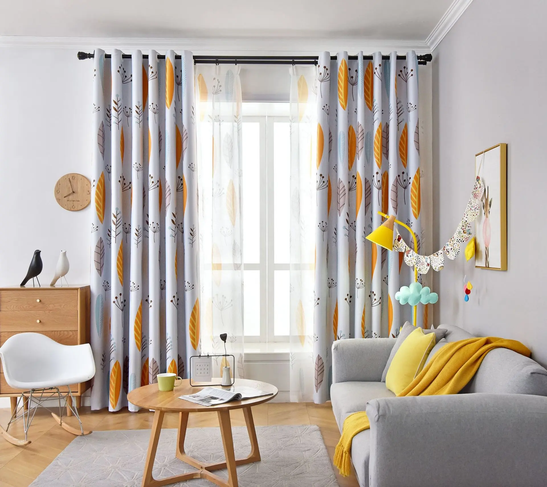 Hot Sale Modern Nordic Style Curtain Design Yellow Leaves Pattern Printed Blackout Curtains For Room Windows