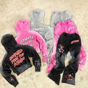 Wholesale Custom Women Distressed Screen Print Tracksuit High Quality Wash Sun Faded <b>Cropped</b> <b>Zip</b> <b>up</b> Hoodies Set Women Sweatsuits - Product Image 2