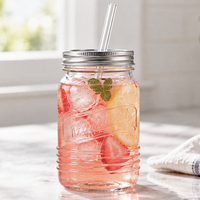 Gelas Minum Mason Jar Besar dengan Tutup Sekrup Logam, Sedotan Kaca, dan Motif Embos untuk Smoothie, Lemonade, dan Minuman Dingin
