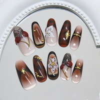 30 pièces en gros, faux ongles à presser marron, design fleur de cerisier 3D français, forme amande, faux ongles de créateur, faux ongles artificiels