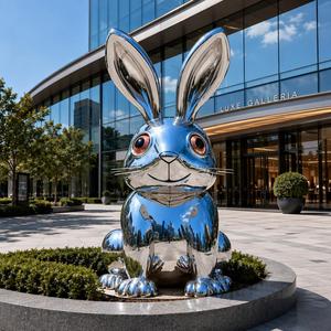 Sculpture de lapin de dessin animé en acier inoxydable poli moderne, mignonne, pour la décoration extérieure de jardin et de patio - Product Image 3