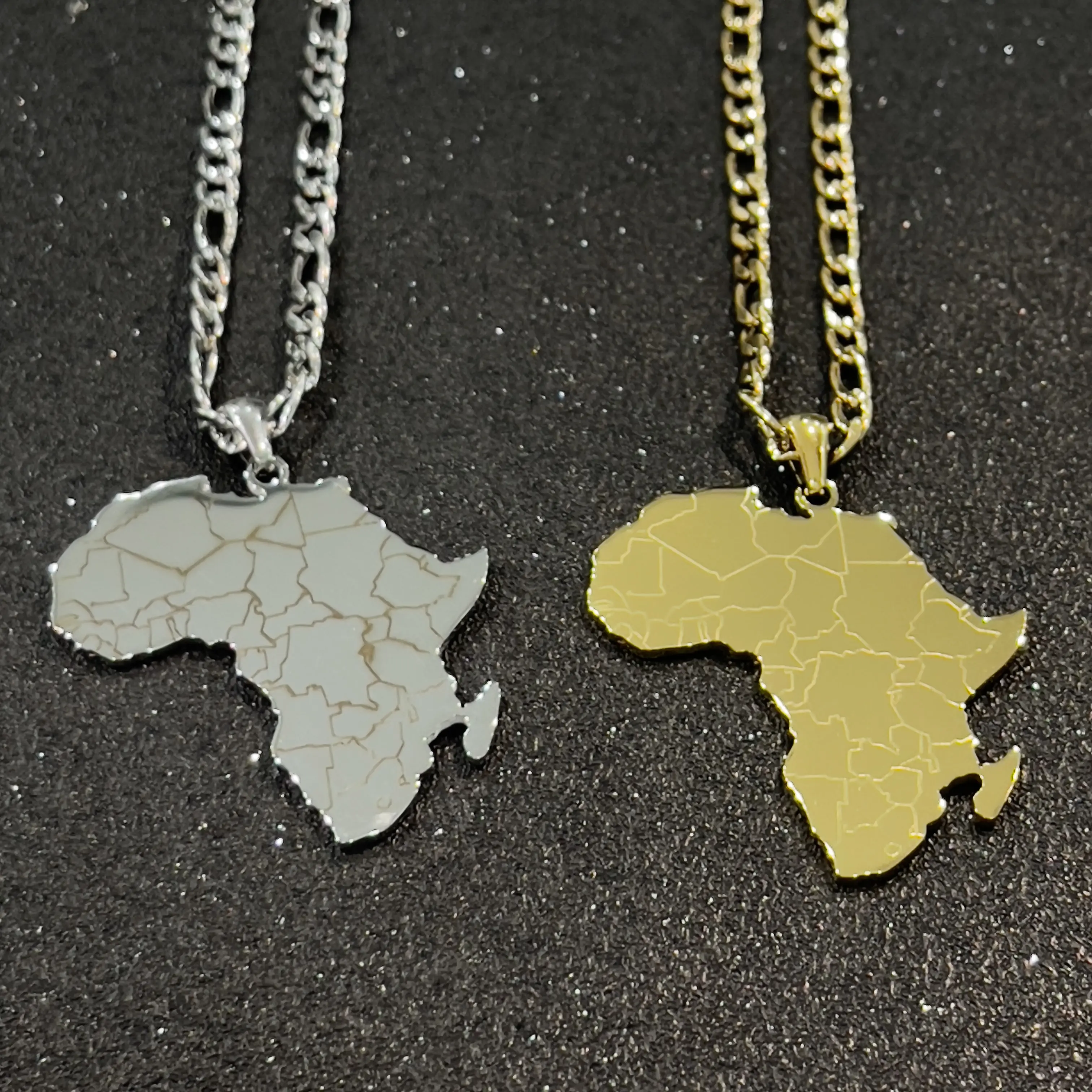 Yüksek kaliteli Hip-hop tarzı paslanmaz çelik afrika harita kolye kolye altın renk takı kadın erkek için