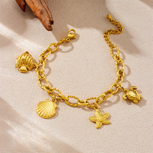 Gold Plated Stainless Steel Marine Life Charm Bracelet With Scallop Starfish Turtle Pendant Unisex Jewelry Gift - Product Image 2