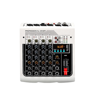 Console de mixage audio professionnelle 4 canaux avec égaliseur 3 bandes, boutons rétroéclairés, sorties USB/XLR pour DJ, karaoké, scène live et enregistrement