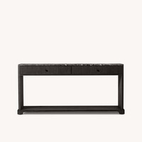 Table console scandinave haut de gamme en acier inoxydable avec plateau en bois, tiroirs à nervures, poignées en laiton et étagère latérale à piliers épais