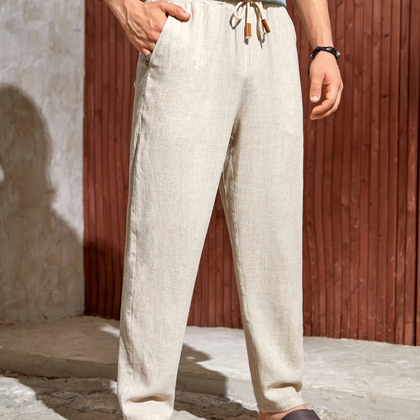 Pantaloni di lino con coulisse leggeri piatti Casual regolari pantaloni di lino traspiranti in cotone 100% per uomo