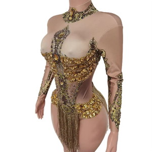 Monos de Manga Larga con Flecos Dorados Sexys para Carnaval, Fiesta, Pole Dance, Body de Una Pieza con Pedrería para Mujer - Product Image 4