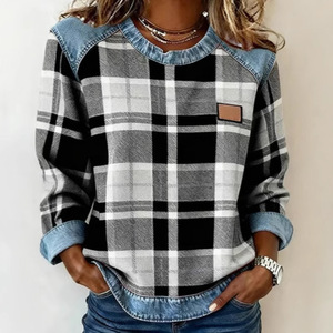 Sudadera Holgada con Cuello Redondo y Parches de Mezclilla a Cuadros para Mujer, Estilo 2026 - Product Image 1