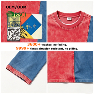 Customize Streetwear Vintage Applique O-neck 100% Cotton Acid Wash Anti-shrink Graphic Color Block Eco-friendly T-shirt for Men - Product Image 2