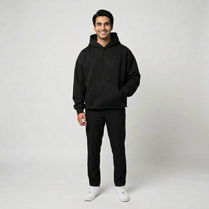 Sudadera con capucha bordada con parche estampado de soplo personalizado 100% algodón ropa de calle de gran tamaño Boxy Fit Cut Raw Edge No Raw Hem sudaderas con capucha negras - Product Image 1