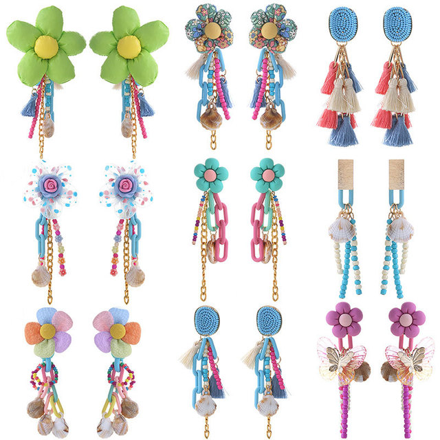 Handmade Summer Bohemian Candy Color Beaded Tassel Earrings Colorful Flower Shell Dangle Earrings for Women Fashion Jewelry