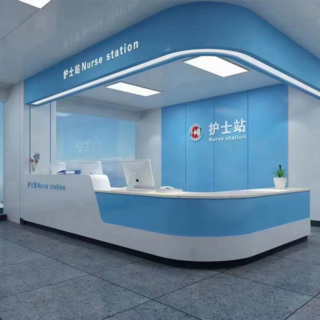 Blue Artificial Stone Solid Surface Modern Hospital Dental Reception Desk with LED Light and One Stop Solution Service
