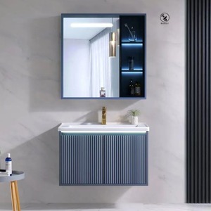 Meuble mural moderne minimaliste en PVC, contreplaqué et panneau mélaminé, finition laquée, personnalisable, toutes couleurs, avec vasque intégrée et miroir. - Product Image 3