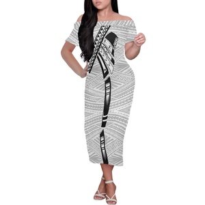 Figurbetontes Kleid Polynesisches Stammeskleidung Samoanisches Blaues Tapa-Blumenmuster Maßgeschneidertes Puffärmel Bleistiftkleid Damen Abendkleid - Product Image 2