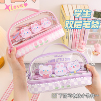 Nouvelle trousse transparente pour étudiants, motif dessin animé, grande capacité, pour filles, rangement de papeterie, trousse à maquillage