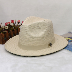 Mùa Hè Giấy Rơm Jazz <span class=keywords><strong>Hat</strong></span> Cạnh Phẳng Khâu Vải Rộng Mũ Mặt Trời Mũ Cho Phụ Nữ Người Đàn Ông Giản Dị Ngoài Trời Mũ Mặt Trời - Product Image 3