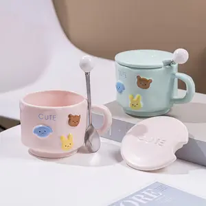 Solhui vente chaude tasse en céramique créative mignon animal en relief avec couvercle tasse à eau japonaise