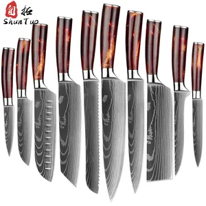 SHUNTUO 10 PCS Set Damasco Cuchillos Knife Sets Over Eight-piece Set Packaging Kitchen Cutting Foods Stainless Steel Blade Laser