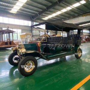 รถชมวิวไฟฟ้าสีเขียวเข้มสไตล์วินเทจ พร้อมอุปกรณ์ตกแต่งสีทอง แบบหลายแถว พร้อมหลังคาสีดำกันน้ำ - Product Image 4