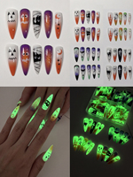 Lot de 4 faux ongles autocollants Halloween phosphorescents, imprimés en 3D, longs stilettos, motifs citrouille, fantôme, chauve-souris, pour fête