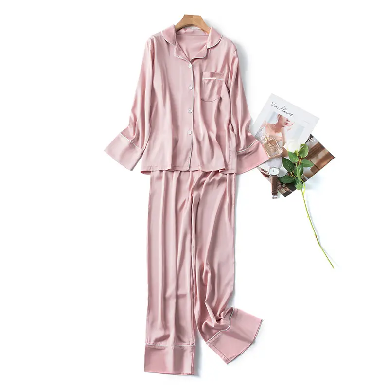 Conjunto de pijama feminino, pijamas de seda macia para mulheres