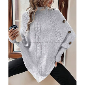 Novedad Otoño/Invierno: Top de Punto Trenzado con Cuello Alto y Botones, Manga Murciélago, para Mujer - Product Image 2