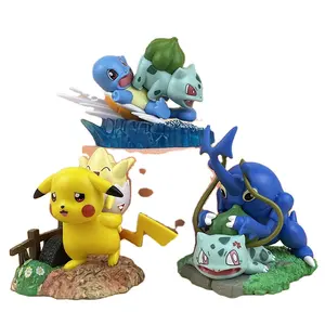 Pokemned nhân vật cổ điển cảnh thể thao Pikachu Bulbasaur ba mô hình đồ trang trí nhỏ hình bàn trang trí quà tặng