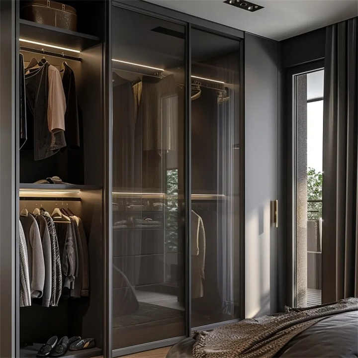 Luxury Black Wall Mounted Wardrobe with Glass Doors