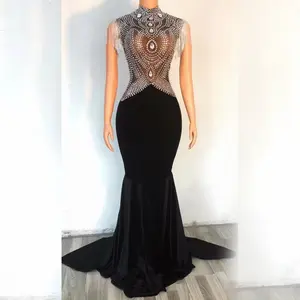 AD1466 Kimshein Handmade Crystal Women Luxury Off Shoulder With Tassel Big Diamond Sequin Mesh Velvet Prom Dress Evening